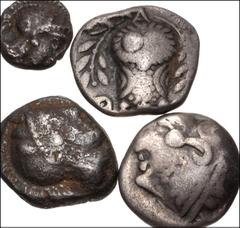 Large Lots GREEK. Central & Southern Greece. Lot of four (4) Athenian silver fractions. Includes: Frontal-eye AR Hemidrachm. HGC 1641 (2) // Profile-eye AR Hemidrachm. HGC 1642 // AR Tritartemorion. H