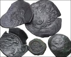 Large Lots BYZANTINE. Lot of five (5) bronze issues. Includes: Justin II. Æ Pentanummium. SB 371 // Latin Rulers. Æ Trachy. Cf. SB 2047 // SB 2052 // Theodore II Ducas-Lascaris. Æ Trachy. SB 2143 // A