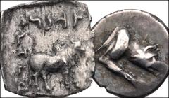 Large Lots MIXED. Greek–Oriental Greek. Lot of two (2) silver issues. Includes: GREEK: Argolis, Argos. AR Triobol – Hemidrach. Agathokleos, magistrate. Forepart of wolf at bay right / Large A; magistr