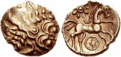 CELTIC, Britain. Atrebates & Regni. Uninscribed. Circa 75-45 BC. AV 1/4 Stater (1.24 g, 12h). Celticized head of Apollo right / Celticized horse right, lace emanating from neck, with triple-tail; radi