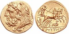 BRUTTIUM, The Brettii. Circa 216-214 BC. AV Hemidrachm (2.10 g, 11h). Attic Standard. Second Punic War issue. Bearded head of Herakles left, wearing lion's skin headdress; club behind, tiny G (engrave