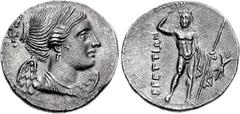 BRUTTIUM, The Brettii. Circa 216-214 BC. AR Drachm (4.65 g, 9h). Attic Standard. Second Punic War issue. Diademed and draped bust of Nike right / River god standing facing, crowning himself with wreat