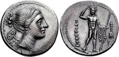 BRUTTIUM, The Brettii. Circa 216-214 BC. AR Drachm (4.43 g, 9h). Attic Standard. Second Punic War issue. Diademed and draped bust of Nike right / River god standing facing, crowning himself with wreat