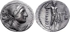 BRUTTIUM, The Brettii. Circa 216-214 BC. AR Drachm (4.67 g, 11h). Attic Standard. Second Punic War issue. Diademed and draped bust of Nike right; behind, plow left / River god standing facing, crownin