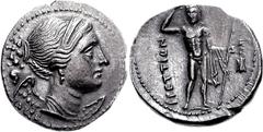 BRUTTIUM, The Brettii. Circa 216-214 BC. AR Drachm (4.35 g, 8h). Attic Standard. Second Punic War issue. Diademed and draped bust of Nike right; lituus behind / River god standing facing, crowning him
