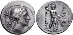 BRUTTIUM, The Brettii. Circa 216-214 BC. AR Drachm (4.45 g, 9h). Attic Standard. Second Punic War issue. Diademed and draped bust of Nike right; club behind / River god standing facing, crowning himse