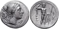 BRUTTIUM, The Brettii. Circa 216-214 BC. AR Drachm (4.21 g, 2h). Attic Standard. Second Punic War issue. Diademed and draped bust of Nike right; trophy behind / River god standing facing, crowning him