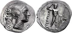 BRUTTIUM, The Brettii. Circa 216-214 BC. AR Drachm (4.48 g, 7h). Attic Standard. Second Punic War issue. Diademed and draped bust of Nike right; amphora and tiny A behind / River god standing facing, 