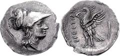BRUTTIUM, The Brettii. Circa 216-214 BC. AR Hemidrachm (2.00 g, 1h). Attic Standard. Second Punic War issue. Helmeted head of Athena right / Eagle standing left, wings spread; torch (or club) to right