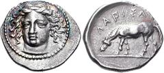 THESSALY, Larissa. Circa 400-380 BC. AR Drachm (6.09 g, 6h). Head of the nymph Larissa facing slightly left, wearing tainia / Horse grazing left. Lorber, Early 29.2a (this coin, illustrated on p. 277)