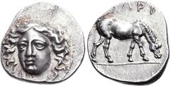 THESSALY, Larissa. Circa 400-380 BC. AR Drachm (6.12 g, 11h). Head of the nymph Larissa facing slightly left, wearing ampyx / Horse grazing right. Lorber, Early, 82.2a (this coin, illustrated on p.281