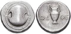 BOEOTIA, Thebes. Circa 395-338 BC. AR Stater (12.18 g). Theog-, magistrate. Struck circa 379-368 BC. Boeotian shield / Amphora; above, caduceus right; QE-OG across field; all within incuse concave cir
