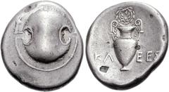 BOEOTIA, Thebes. Circa 395-338 BC. AR Stater (12.05 g). Klees-, magistrate. Struck circa 379-368 BC. Boeotian shield / Amphora; wreath above, KL-EES across field; all within incuse concave circle. BCD