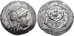IONIA, Lebedos. Circa 160-140 BC. AR Tetradrachm (15.99 g, 12h). Apollodotos, magistrate. Helmeted head of Athena right / Owl standing right, head facing, on club between two cornucopias; APOLLO-DOTOS