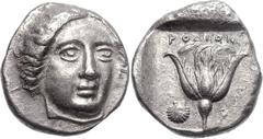 ISLANDS off CARIA, Rhodos. Rhodes. Circa 408/7-404 BC. AR Tetradrachm (14.53 g, 12h). Chian standard. Head of Helios facing slightly right / Rose; pecten to left; all within incuse square. Ashton 3; H