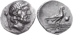 LYCIA, Oinoanda. Circa 200 BC. AR Didrachm (7.58 g, 12h). Laureate head of Zeus right; B (erased in die) and scepter behind / Eagle standing right on thunderbolt; G to left; to right, sword behind shi