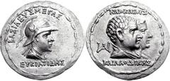 BAKTRIA, Greco-Baktrian Kingdom. Eukratides I. Circa 170-145 BC. AR Tetradrachm (16.51 g, 12h). Diademed and draped bust of Eukratides right, wearing helmet adorned with bull's horn and ear / Jugate d
