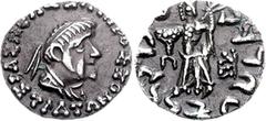 BAKTRIA, Indo-Greek Kingdom. Strato II. Circa 40/35-25 BC. AR Drachm (2.30 g, 1h). Diademed and draped bust right / Athena Alkidemos standing left, preparing to cast thunderbolt; monogram to right. Bo