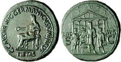 Gaius (Caligula). AD 37-41. Æ “Medallic” Sestertius (30.30 g, 7h). Rome mint. Struck AD 37-38. Pietas seated left, holding patera and resting arm on small draped figure standing facing on basis / Gaiu