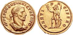 Probus. AD 276-282. AV Heavy Aureus or Binio (6.91 g, 6h). Serdica mint. 5th emission, AD 280. IMP C PROBVS INVICTVS AVG, laureate, draped, and cuirassed bust right / MARTI P-A-CIFERO, Mars standing l