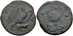 Greek SICILY, Akragas. Circa 416-406 BC. Æ Hemilitron (28.6mm, 19.35 g, 1h). Eagle standing right, head raised, wings spread, on hare; cicada to right / Crab; below, triton right, blowing conch; six p