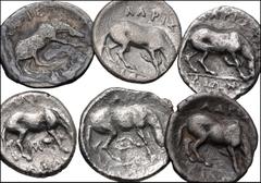 Greek THESSALY. Lot of six (6) AR Hemidrachms of Larissa. All coins: Head of the nymph Larissa facing slightly / Horse standing right, preparing to lie down. Some roughness and porosity. Fine to Near 