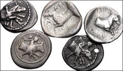 Greek THESSALY. Lot of five (5) AR Hemidrachms. All coins: Thessalos restraining forepart of bull / Forepart of horse within incuse square. Includes: Larissa (2) // Pharkadon (2) // Pherai (1). Some p