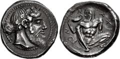 Greek SICILY, Naxos. Circa 460 BC. AR Tetradrachm (28mm, 17.23 g, 11h). Bearded head of Dionysos right, wearing tainia decorated with an ivy branch / Silenos, nude and bearded, squatting facing, his h