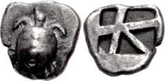 Greek ISLANDS off ATTICA, Aegina. Circa 480-457 BC. AR Obol (9mm, 1.04 g, 1h). Sea turtle, head in profile, with trefoil collar and 'T-back' design on shell / Large square incuse with skew pattern. Me