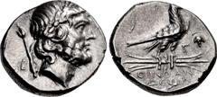 Greek LYCIA, Oinoanda. Circa 200 BC. AR Didrachm (21.5mm, 8.51 g, 12h). Laureate head of Zeus right; B and scepter to left / Eagle standing right on winged thunderbolt; Γ and grape bunch on vine to ri