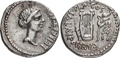 Roman Republican The Republicans. Brutus. Spring-early summer 42 BC. AR Denarius (17mm, 3.67 g, 12h). Military mint traveling with Brutus in Lycia. Head of Libertas right / Lyre between quiver to left
