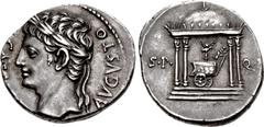 Roman Imperial Augustus. 27 BC-AD 14. AR Denarius (18.5mm, 3.79 g, 5h). Uncertain Spanish mint (Colonia Patricia?). Struck circa 18 BC. Laureate head left / S • P • Q • R across field, Temple of Mars 