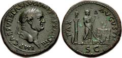 Roman Imperial Vespasian. AD 69-79. Æ Sestertius (33.5mm, 25.93 g, 6h). Rome mint. Struck AD 71. IMP CΛES VESPAS AVG P M TR P P P COS III, laureate head right / PAX AVGVSTI, S C in exergue, Pax, drape