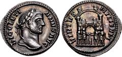 Roman Imperial Diocletian. AD 284-305. AR Argenteus (19mm, 3.20 g, 12h). Rome mint. 1st emission, circa AD 294. Laureate head right / Four tetrarchs sacrificing over tripod before city enclosure with 