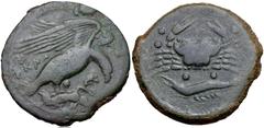 Greek SICILY, Akragas. Circa 415-406 BC. Æ Hemilitron (27.5mm, 12.60 g, 2h). Eagle, wings spread, standing right on, and tearing at, dead hare / Crab; leaf between claws, pellets in fields; below, cra