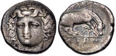 Greek THESSALY, Larissa. Circa 356-342 BC. AR Drachm (17mm, 5.69 g, 6h). Head of the nymph Larissa facing slightly left, wearing ampyx / ΛAPIΣ/AIΩN, horse standing right, preparing to lie down; plant 