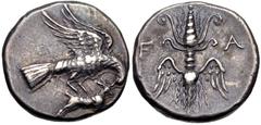 Greek ELIS, Olympia. 134th-143rd Olympiad. Circa 244-208 BC. AR Drachm (18mm, 4.80 g, 5h). Eagle flying right, tearing at hare held in talons / Thunderbolt with double volutes above and wings below; F