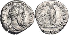 Roman Imperial Pertinax. AD 193. AR Denarius (17.5mm, 3.73 g, 11h). Rome mint. Struck 1 January-28 March. Laureate head right / Pertinax standing left, holding volumen and sacrificing out of patera ov