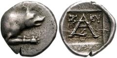 ACHAIA, Argos. Circa 2nd century-80 BC. AR Triobol (14mm, 2.26 g). ZEU..., magistrate. Forepart of wolf at bay right / Large A; Z EY, eagle on heta below. BCD Peloponnesos 1144; BMC Peloponnesus pg. 1