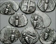 GREEK. Asia Minor. Ionia. Ephesos. Lot of eight AR Drachms. Circa 500-420 BC. Bee / Quadripartite incuse. SNG Kayan 121-122 (later thin type) (7) // Circa 335-320 BC. Bee / Quadripartite incuse with m