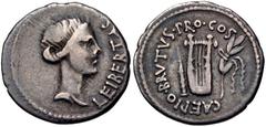 Roman Republican The Republicans. Brutus. Spring-early summer 42 BC. AR Denarius (19mm, 3.67 g, 11h). Military mint traveling with Brutus in Lycia. Head of Libertas right / Lyre between quiver and fil