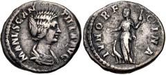 Roman Imperial Manlia Scantilla. Augusta, AD 193. AR Denarius (18mm, 3.28 g, 6h). Rome mint. Struck under Didius Julianus. Draped bust right / Juno standing left, holding patera and vertical scepter; 