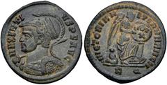 Roman Imperial Maxentius. AD 307-312. Æ Half Follis (19.5mm, 2.94 g, 6h). Decennalia issue. Rome mint, 4th officina. 5th-6th emissions, AD 310-311. Helmeted and cuirassed bust left, holding spear over