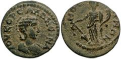 LYDIA, Mostene. Salonina, wife of Gallienus. Augusta, AD 254-268. Æ 20mm (3.93 g). Diademed and draped bust right / Tyche standing left, holding rudder on globe and cornucopia. SNG von Aulock 3031; SN