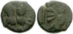 Justin I and Justinian I. 1 April -1 August 527. Æ Pentanummium (12mm, 1.96 g). Antioch mint. Crowned facing busts of Justin and Justinian / Statue of Tyche of Antioch seated right within domed shrine