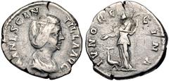 Roman Imperial Manlia Scantilla. Augusta, AD 193. AR Denarius (17.5mm, 2.95 g, 12h). Rome mint. Struck under Didius Julianus. Draped bust right / Juno standing left, holding patera and vertical scepte