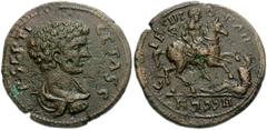 PAPHLAGONIA, Sinope. Geta. As Caesar, AD 198-209. Æ 27mm (15.08 g). Dated CY 252 (AD 207/8). P SEPTI GETAS C, bare-headed, draped and cuirassed bust right / CIF SINOP AN N CCLII, Geta on horseback rig