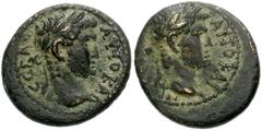 LYDIA, Germe. Titus, with Domitian, Caesaer. AD 79-81. Æ 17mm (3.41 g). Laureate head of Titus right / Laureate head of Domitian right. RPC II 930; SNG Copenhagen 135. VF, dark green patina, earthen e