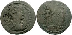 LYDIA, Hypaepa. Caracalla. AD 198-217. Æ 36mm (24.70 g). Laureate, draped, and cuirassed bust right; c/m: cult statue of Artemis Anaïtis / Tyche standing on right, holding rudder and cornucopiae, faci