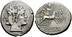 Anonymous. Circa 225-212 BC. AR Didrachm or Quadrigatus (19mm, 5.24 g). Laureate head of Janus, straight truncation / Jupiter, holding sceptre and thunderbolt, in quadriga driven by Victory right; ROM